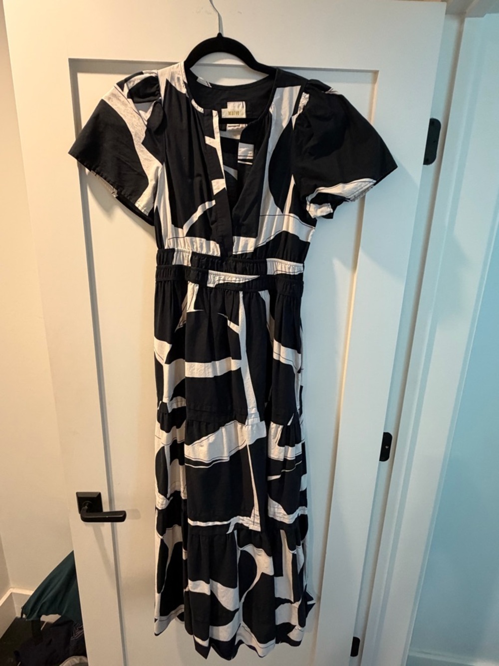 Maeve Black and White Abstract Tiered Maxi Dress